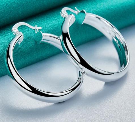 925 Sterling Silver 35mm Circle Smooth Woman Fashion Charm Engagement Wedding Hoop Earrings