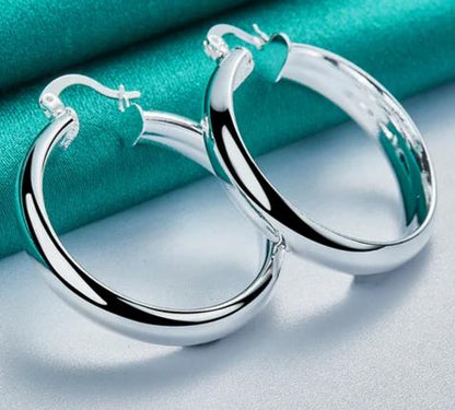 925 Sterling Silver 35mm Circle Smooth Woman Fashion Charm Engagement Wedding Hoop Earrings