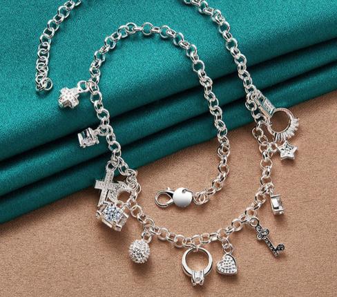 Women 925 Sterling Silver Heart Ball Cross Star Wedding Engagement Pendant Necklace Bracelets Set