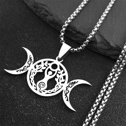 Women Men Stainless Steel Silver Color Amulet Witch Triple Moon Goddess Luna Necklace