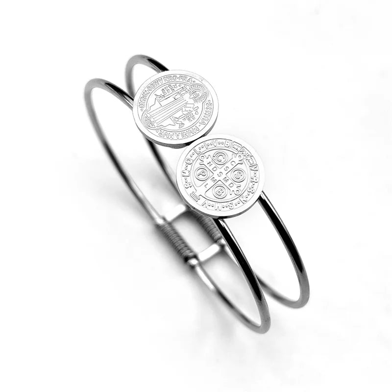 Women Men Stainless Steel Gold Silver Color Saint Benedict Medal Double Line Bangle Bracelet