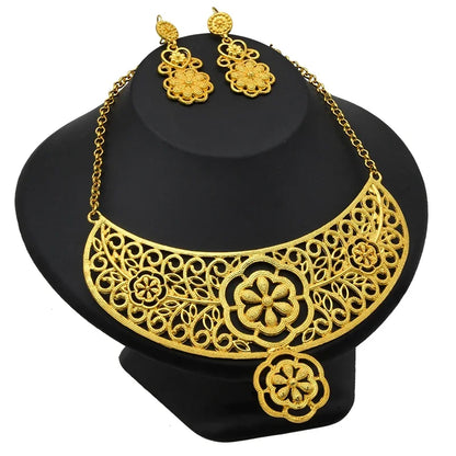 African Indian 24K Gold Plated Women Dubai Wedding Necklace Earrings Bracelets Ring Jewelry Sets