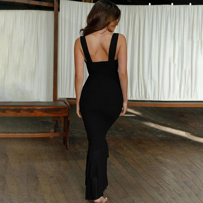 Women Hollow Out Backless Ruched Maxi Mesh Elegant Spaghetti Strap Sleeveless Bodycon Party Long Dress