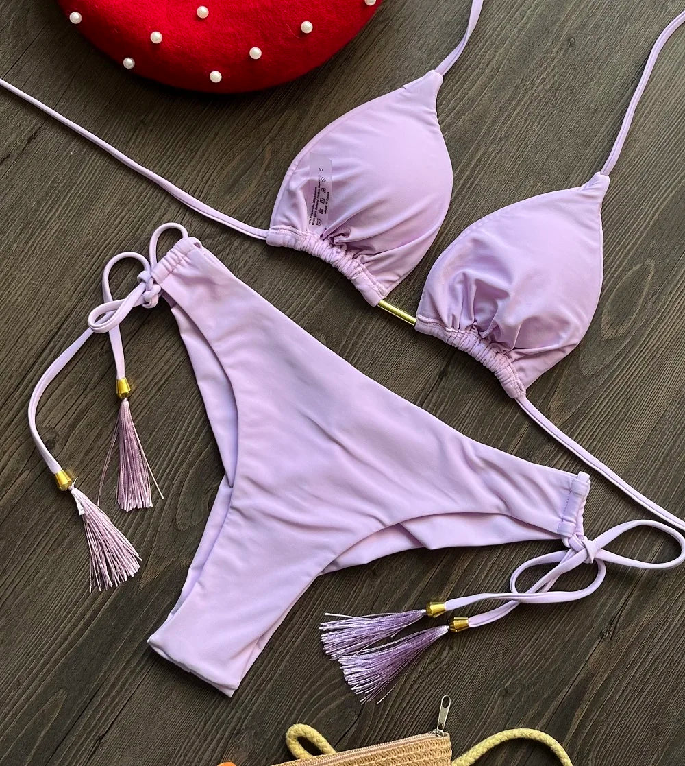 Solid Color Bikini Swimsuit Hanging Neck Rope Split Swimsuit 2-piece Beachwear Suit