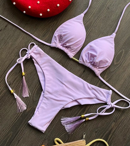 Solid Color Bikini Swimsuit Hanging Neck Rope Split Swimsuit 2-piece Beachwear Suit