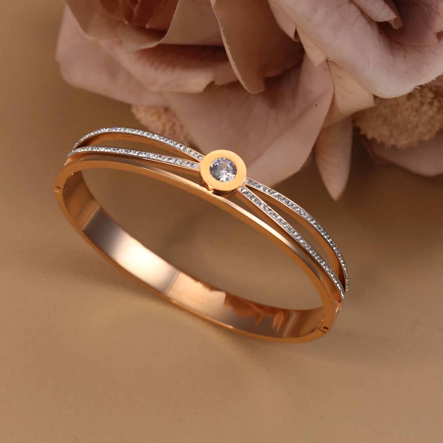 Women Stainless Steel Cross Small Zircon Round Charm Crystal Bangle Bracelet