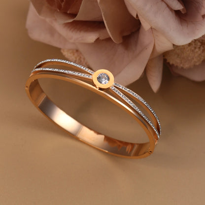 Women Stainless Steel Cross Small Zircon Round Charm Crystal Bangle Bracelet