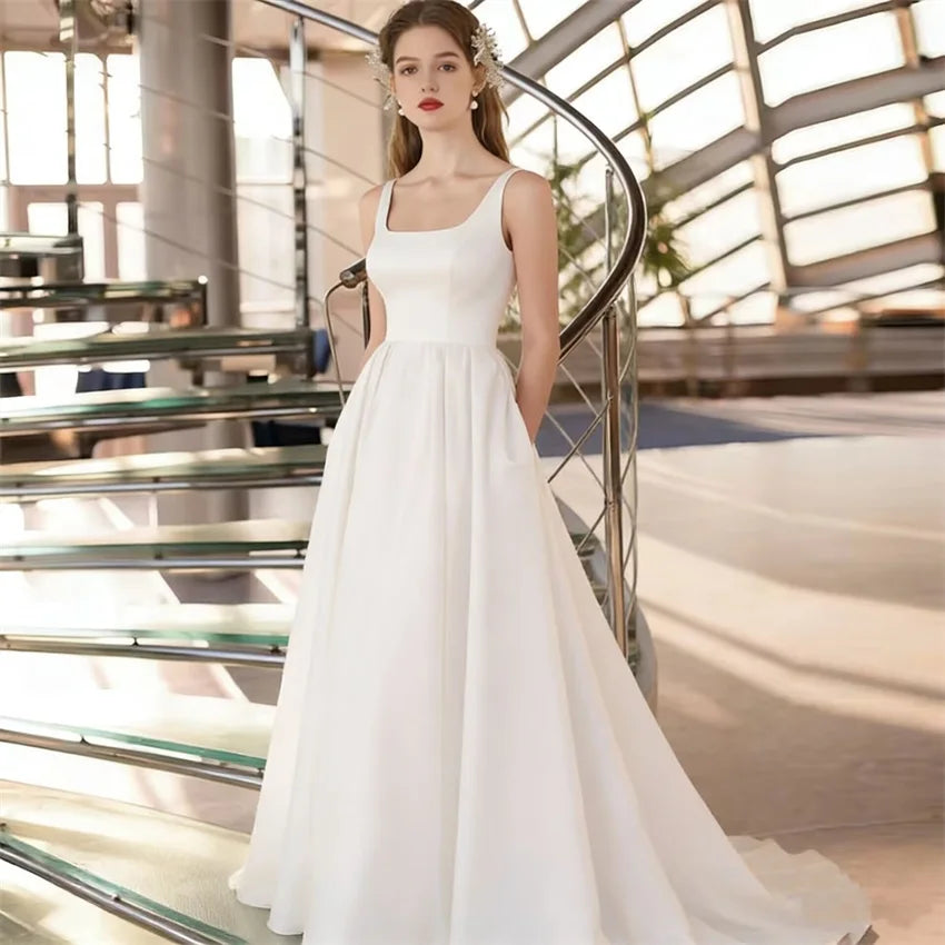 Elegant Backless Satin A-Line Square Neck Sleeveless Bridal Wedding Dress Gowns w/ Pockets