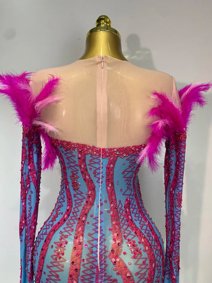 Women Sexy Mesh See Through Diamond Feather Elegant Evening Party Dinner Wear Dress