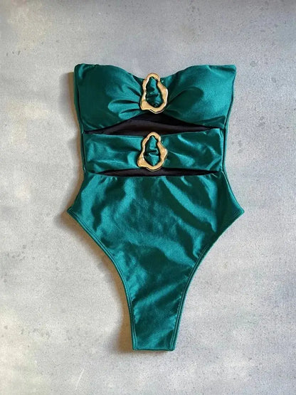 Sexy Metal Rings Cut Out Swimwear One Piece Swimsuit Bandeau High Leg Cut Bather Bathing Suit