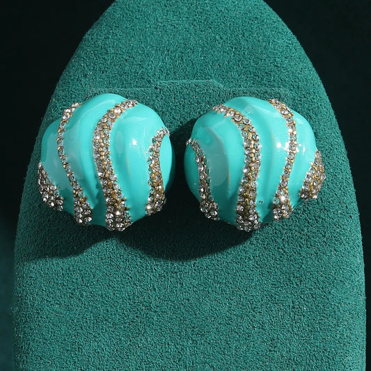 Vintage Enamel Shell Blue Rhinestones Round Gold Color Designer Antique Studs Earrings