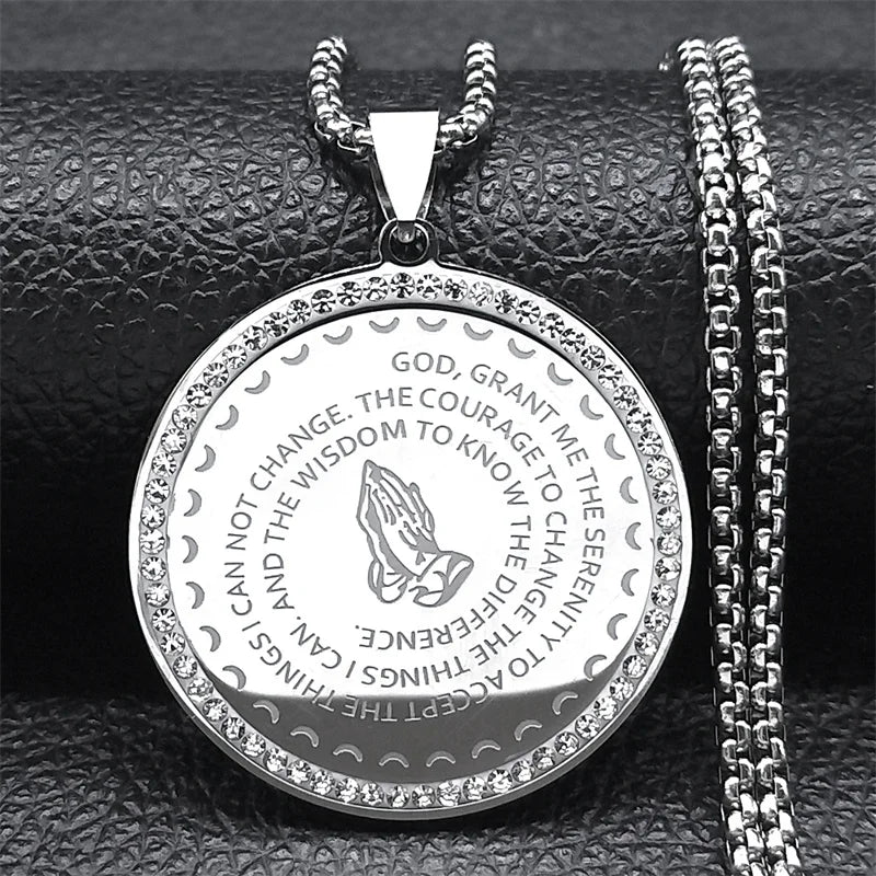 Women Men Stainless Steel Blessing Bible Lords English Serenity Prayer Hand Pendant Necklace