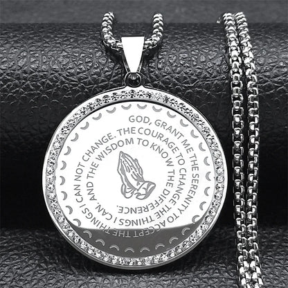 Women Men Stainless Steel Blessing Bible Lords English Serenity Prayer Hand Pendant Necklace