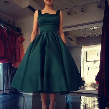 Women's Square Neck Satin Prom Bow A Line Backless Tea Length Formal Evening Party Dress w/ Pockets