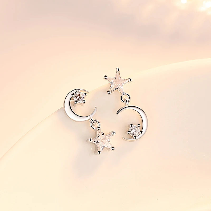 Women Bridal Solid 925 Silver Crystal Zircon Moon Star Drop Earrings
