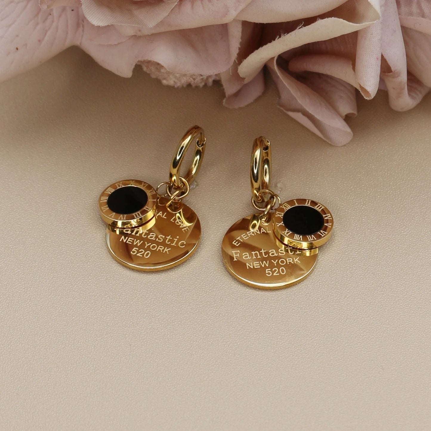 Roman Numeral Medallion Design FOREVER LOVE Stainless Steel Earrings Gift