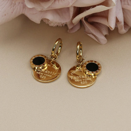 Roman Numeral Medallion Design FOREVER LOVE Stainless Steel Earrings Gift