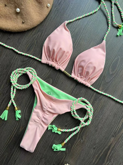 Sexy Beach Women's Swimsuit Braiding Rope Bikini Two-piece Triangle Swimwear Bathing Brazilian Suit
