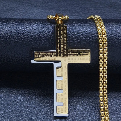 Men Stainless Steel Gold Color Bible Amulet Cross Christian Church Prayer Necklace