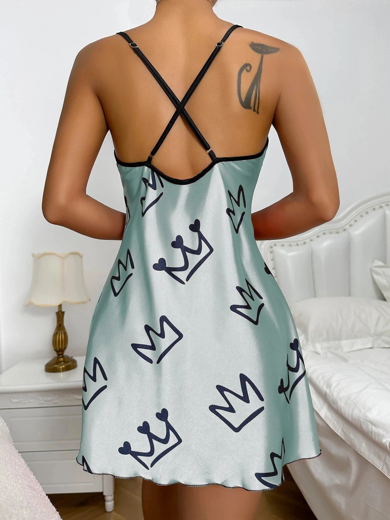 Heart Print Scoop Neck Criss Cross Women's Sleepwear Nightdress