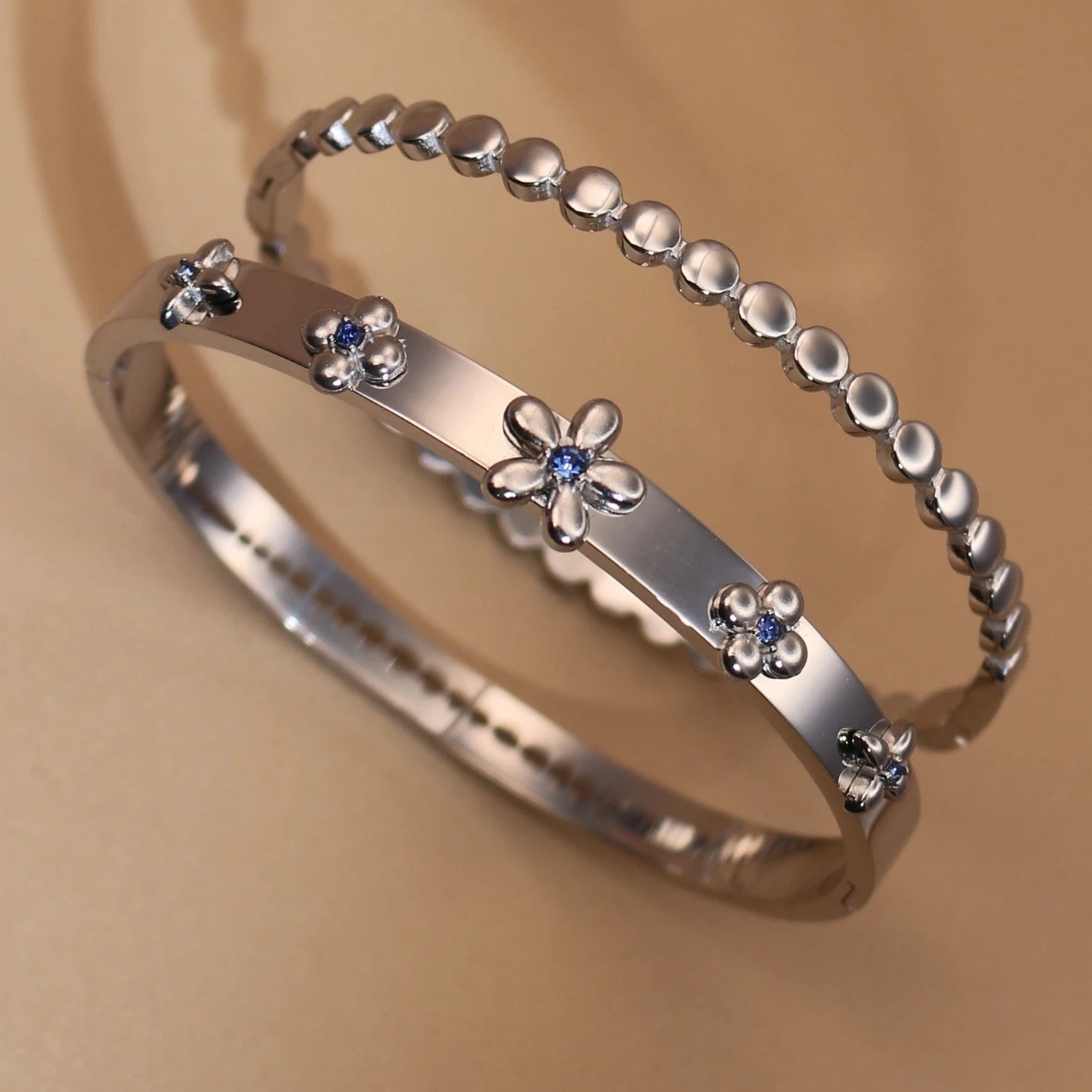 New Floral Blue Zircon Lentil Design 18K Gold Plated Stainless Steel Women's Bracelet Jewelry