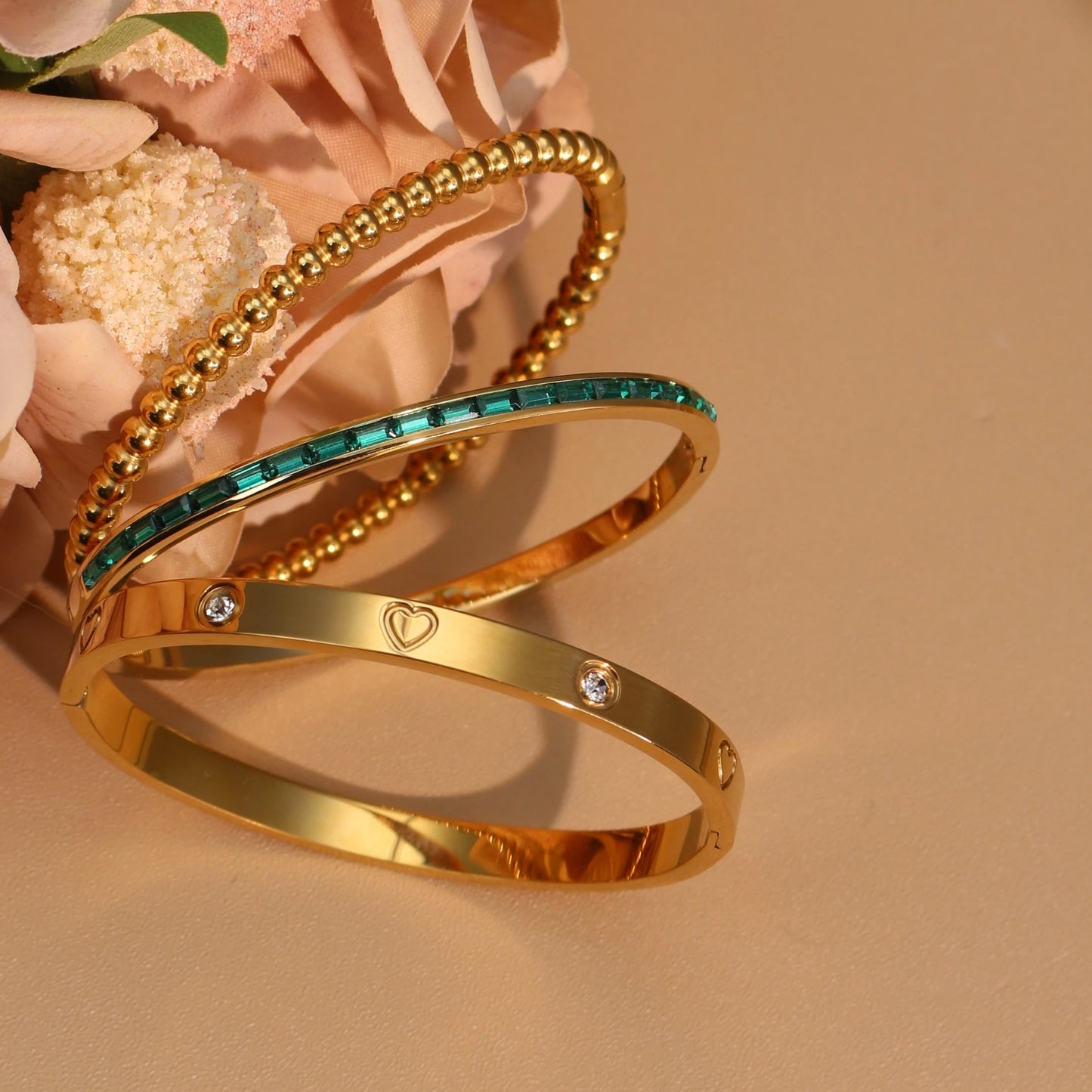 Women 18k Gold Plated Stainless Steel Green Zircon Bangles Bracelet Set Gift.