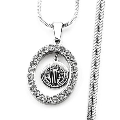 Women Men Catholic Saint Benedict Snake Stainless Steel Rhinestone Gold Color Medal Chain Necklace