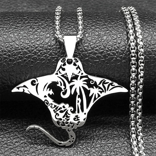 Manta Ray Sea Devil Fish Stainless Steel Gold Silver Color Coconut Tree Nature Chain Pendant Necklace