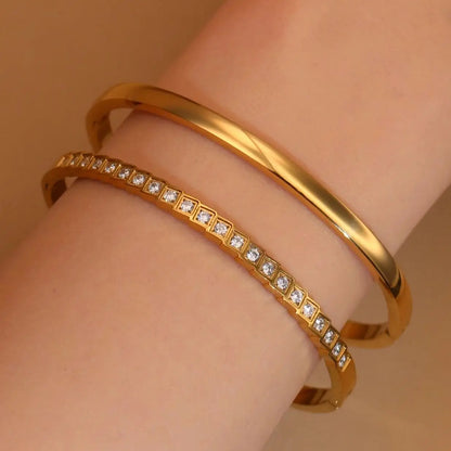 2-in-1 Women 18 K Gold Plated Zircon Stainless Steel Curved Bracelet Gift Bangle