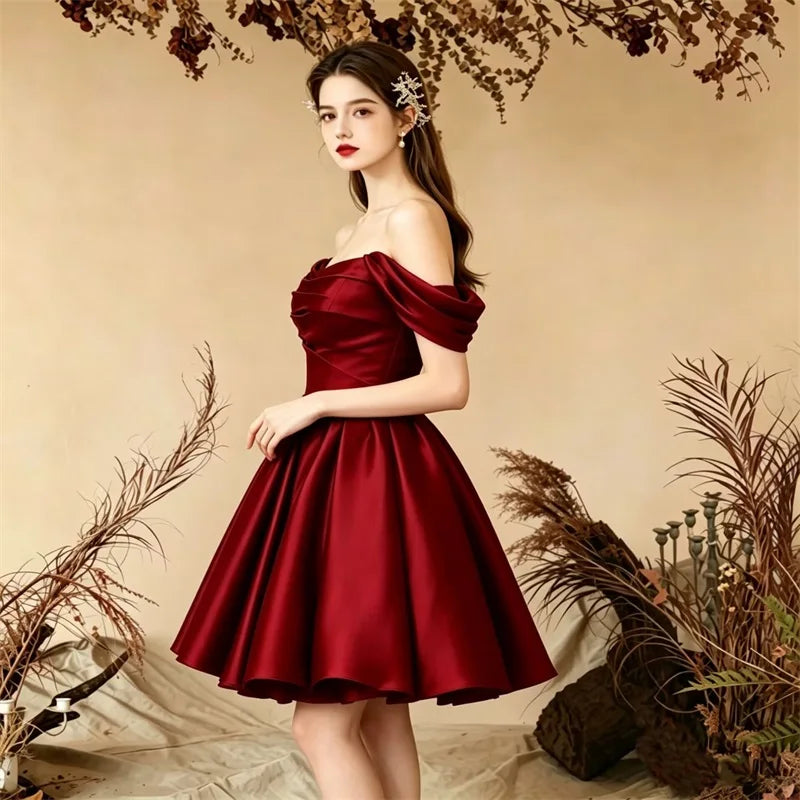 Women Off The Shoulder Satin Homecoming A Line Short Pleated Strapless Prom Evening Dress w/ Pockets