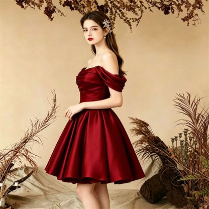 Women Off The Shoulder Satin Homecoming A Line Short Pleated Strapless Prom Evening Dress w/ Pockets