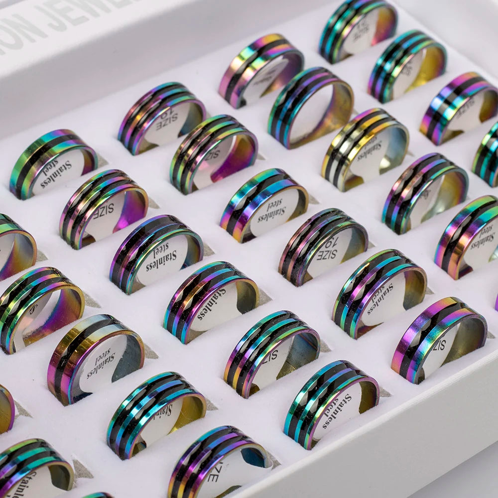 50Pcs/Lot Stainless Steel Colorful Stripe Fashion Classic Charm Rings