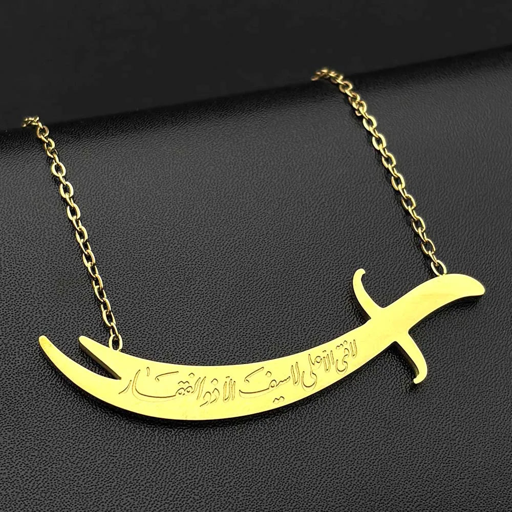 Women Men Stainless Steel Gold Color Arabic Muslim Islamic Imam Ali Zulfiqar Sword Choker Pendant Necklace