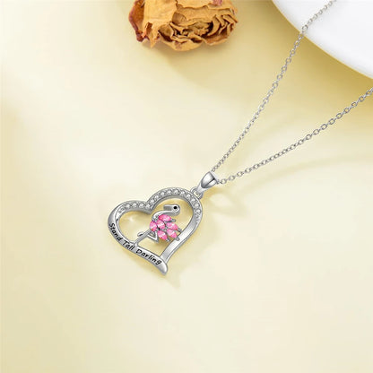 Women Fashion Cartoon Heart Shaped Flamingo Inlaid Pink Zircon Pendant Necklace Gift