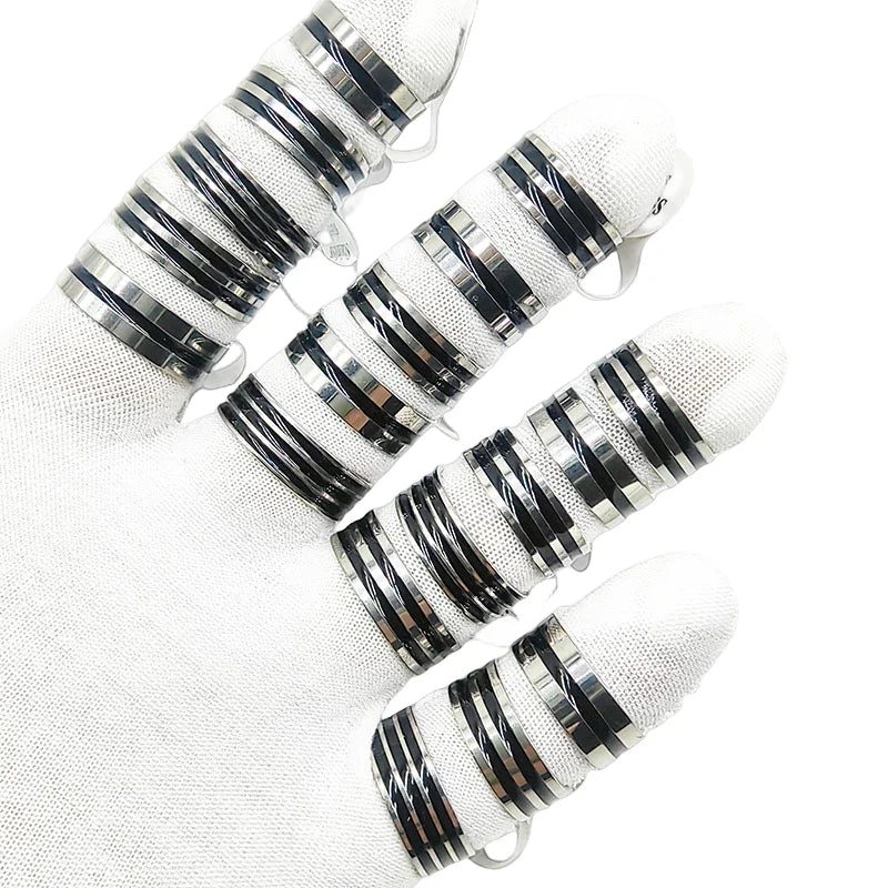 20pcs/lot Wholesale Stainless Steel Finger Women Men Black Stripe Enamel Mixed Style Rings