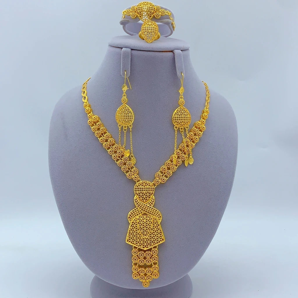 Italian 24K Gold Color Women Ethiopian Dubai Flower Wedding Necklace Bracelet Earring Ring Sets