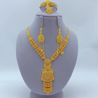 Italian 24K Gold Color Women Ethiopian Dubai Flower Wedding Necklace Bracelet Earring Ring Sets