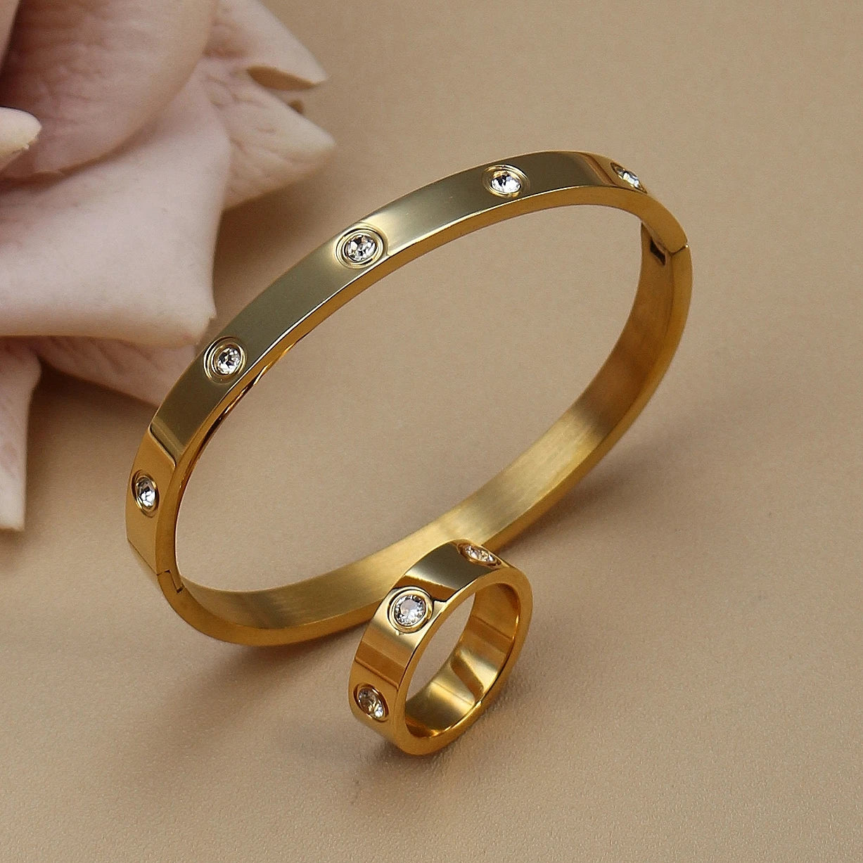 2-in-1 Women 18K Gold-Plated Stainless Steel Bracelet Ring Jewelry Set.
