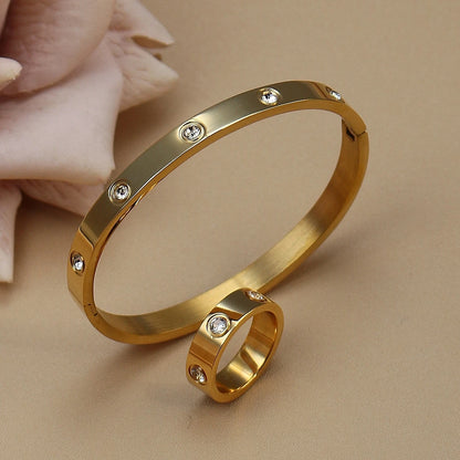 2-in-1 Women 18K Gold-Plated Stainless Steel Bracelet Ring Jewelry Set.