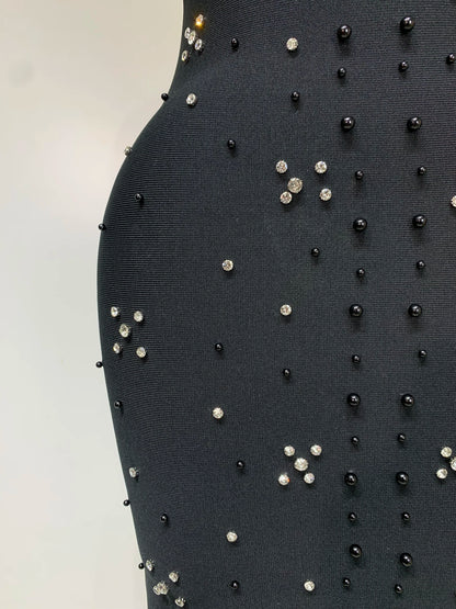 Sexy Sparkly Rhinestone Pearl Halter Backless Bandage Long Birthday Evening Party Dress