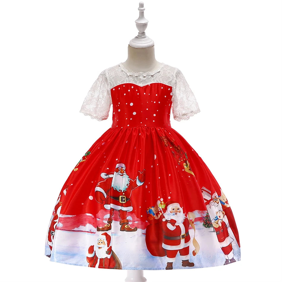 Kids Girls Princess Cartoon Santa Claus Snowflake Costume Xmas Party Print Dress