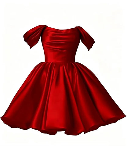 Women Off The Shoulder Satin Homecoming A Line Short Pleated Strapless Prom Evening Dress w/ Pockets