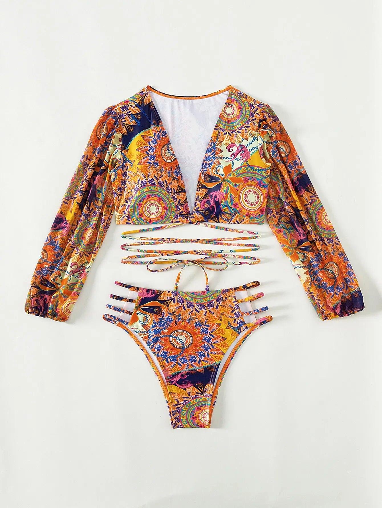 Long Sleeve Swimsuit Women Printed Foral Swimwear High Waist Bathing Swimming Suit