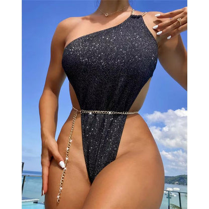 Women Shiny Glitter Sparkling One Shoulder Thong One Piece Swimsuit Swimwear Bathing Suits