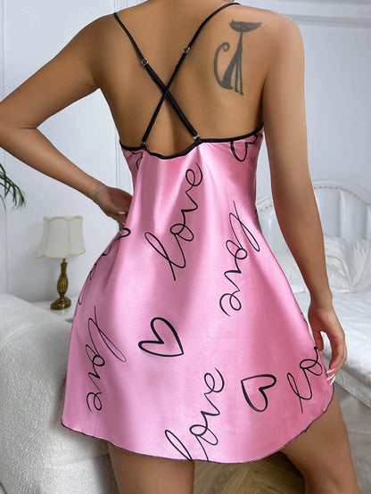 Heart Print Scoop Neck Criss Cross Women's Sleepwear Nightdress