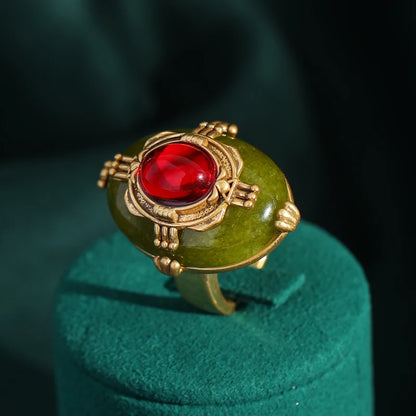 Women Vintage Antique Gold Color Oval Crystal Emerald Round Natural Stone Rings