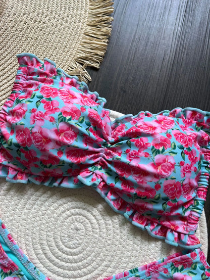 Sexy Flowers Printed Ruffled Frilled Swimwear Swimsuit Two-pieces Bikini Bathing Suit