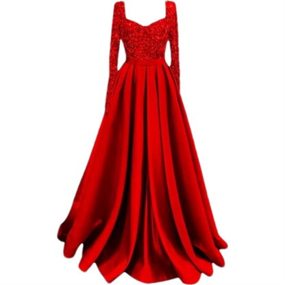 Long Sleeve Sequin Prom Long Satin Women Formal A-Line Evening Party Ball Gown Dress w/ Pockets