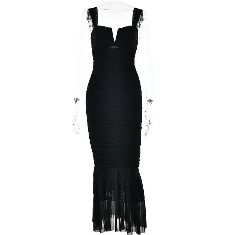 Women Hollow Out Backless Ruched Maxi Mesh Elegant Spaghetti Strap Sleeveless Bodycon Party Long Dress