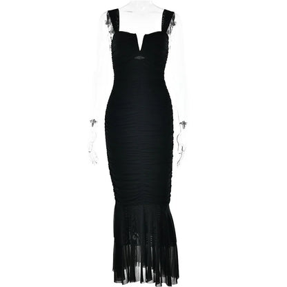 Women Hollow Out Backless Ruched Maxi Mesh Elegant Spaghetti Strap Sleeveless Bodycon Party Long Dress